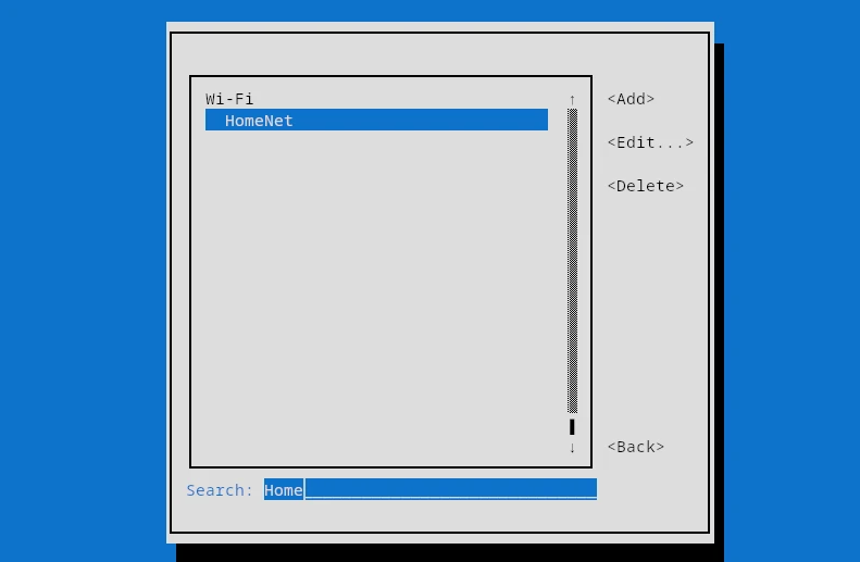 Typing / in nmtui opens a Search field that filters the connection list