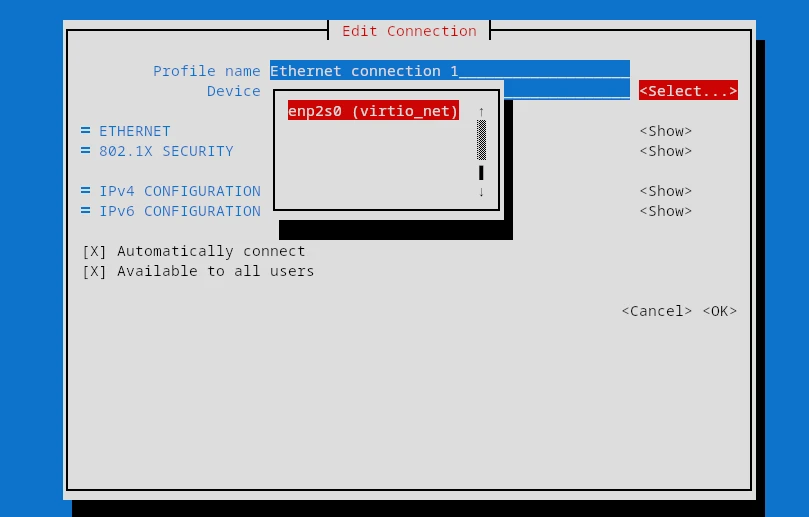 The Select button opens a list of available devices when creating a connection in nmtui